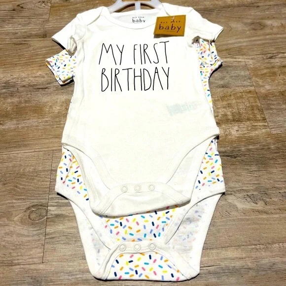 SOLD🎂✨Rae Dunn My First Birthday & Sprinkles Baby Bodysuits 2Pack Short Sleeve - Picture 2 of 10